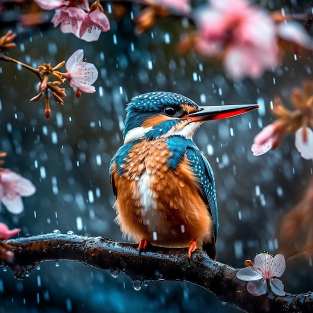 Pájaro cerca de los cerezos blancos en las ramas