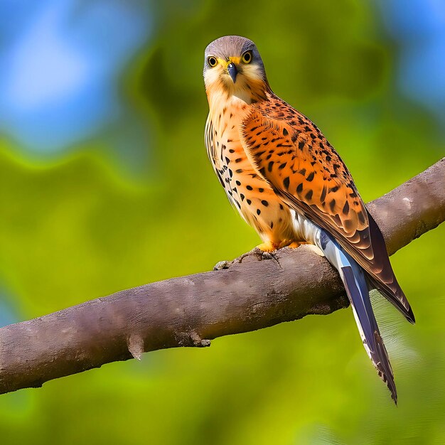 Un pájaro cernícalo está sentado en una rama de árbol