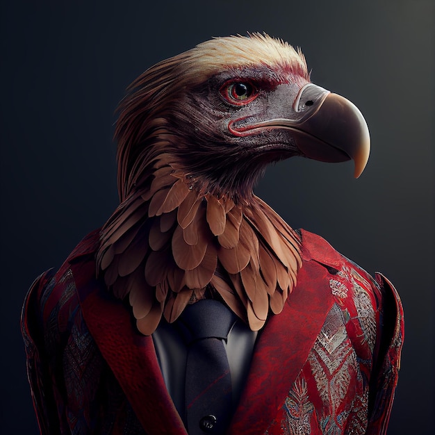 Un pájaro con chaqueta roja y corbata negra.