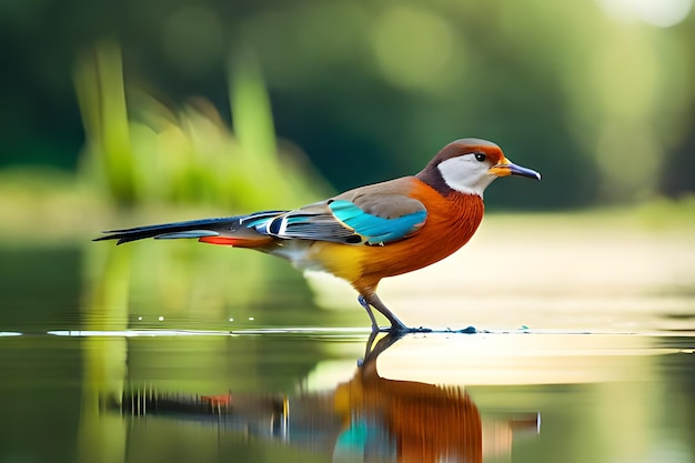 Un pájaro con cola azul se para en el agua.