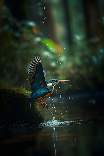 Un pájaro con cola azul y alas naranjas vuela en el aire.