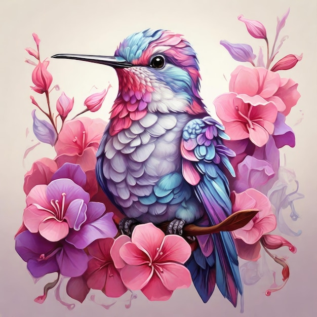 pájaro colibrí en colores lilas rosa azul