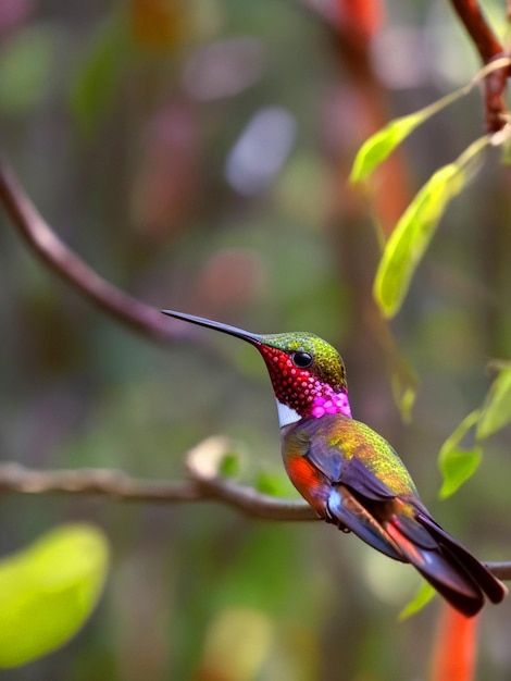 Foto un pájaro colibrí colorido se sienta en una rama en el bosque con el fondo de bur