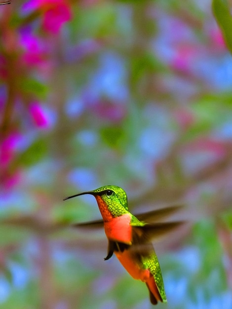 Foto un pájaro colibrí colorido se sienta en una rama en el bosque con el fondo de bur