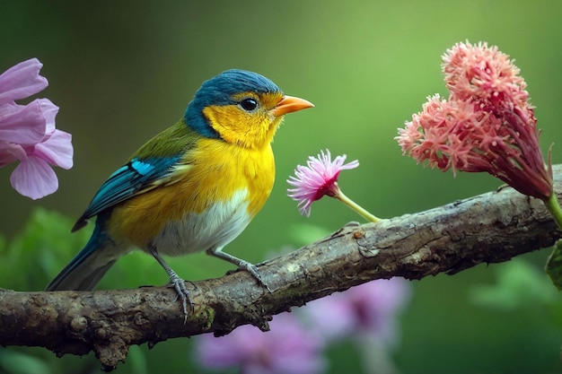 El pájaro de color predeterminado mirando a una mariposa