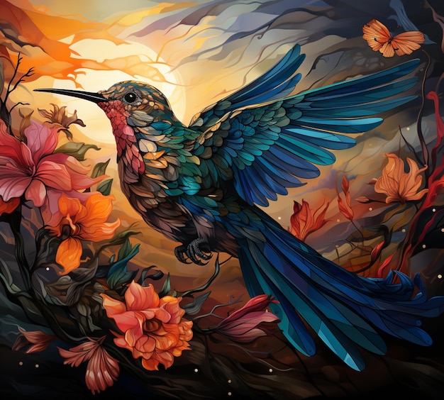 pájaro de colores brillantes con alas azules y flores frente a una puesta de sol ai generativa