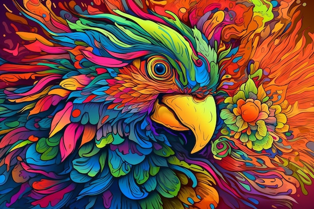 Pájaro de colores brillantes con una flor colorida en su cabeza ai generativo