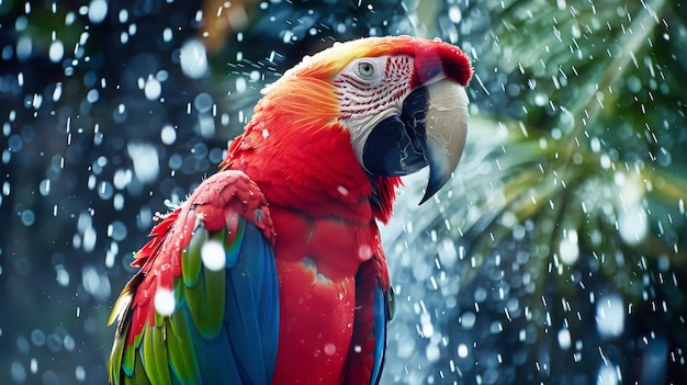 Un pájaro de colores de pie bajo la lluvia