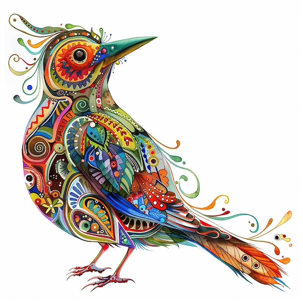 un pájaro de colores con plumas de colores y un pájario de colores con un diseño de colores en él