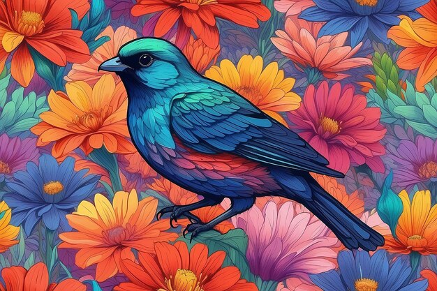 pájaro en coloridas flores coloridas generativo ai