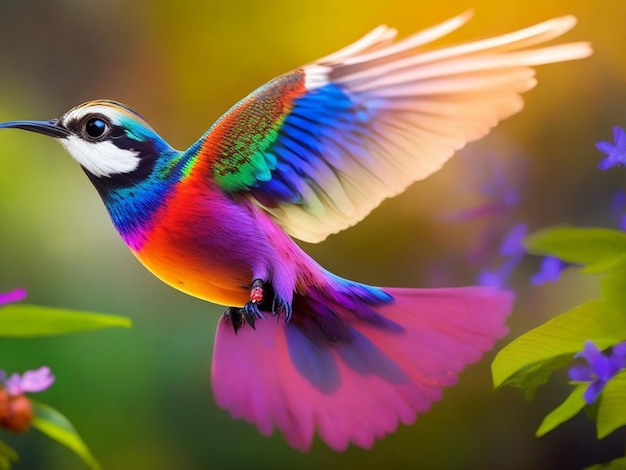 Foto un pájaro colorido con un ala colorida que dice arco iris en él.