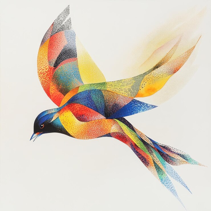 un pájaro colorido con alas multicolores se muestra en una pintura