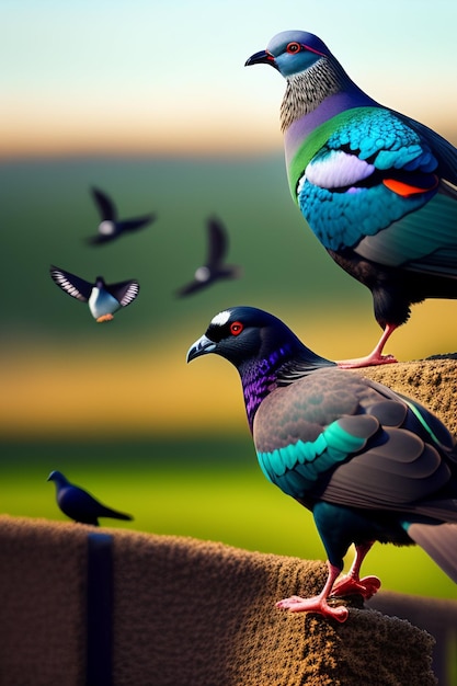 Un pájaro colorido con cabeza azul y alas moradas se sienta en una rama con un campo verde en el fondo.