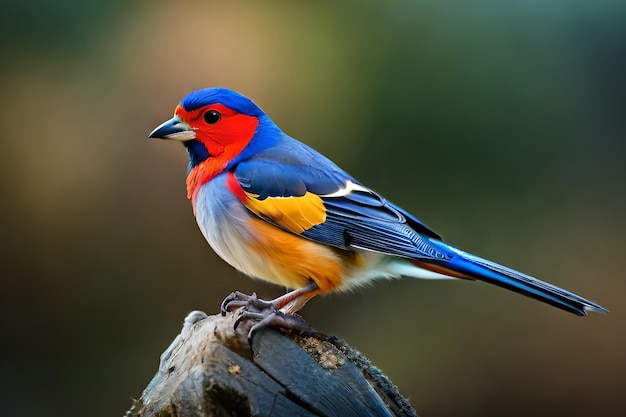 Un pájaro colorido con cabeza azul y alas rojas se sienta en una rama.