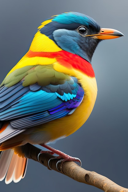 Un pájaro colorido con una cabeza azul y amarilla y alas azules.