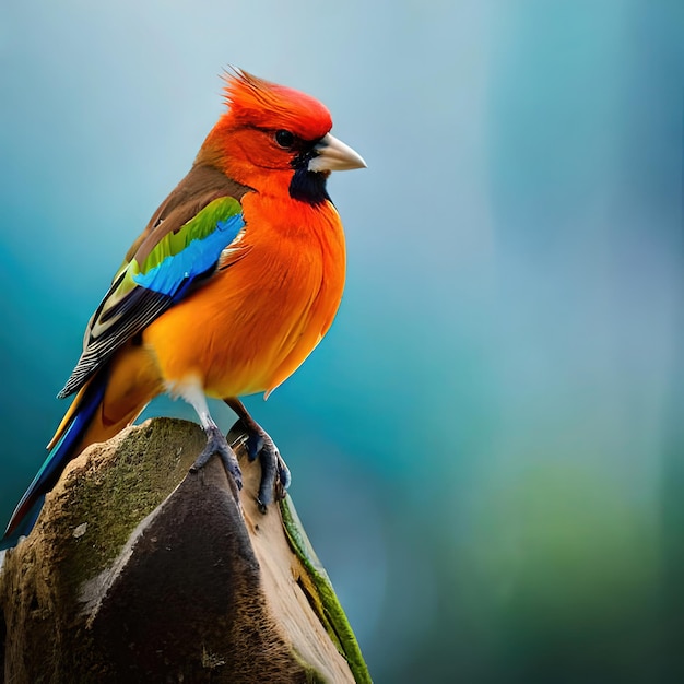 Un pájaro colorido con cabeza azul y cabeza roja se alza sobre una roca.