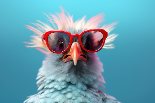 un pájaro colorido y emocionado usa elegantes gafas de sol contra un telón de fondo azul que irradia vibraciones lúdicas