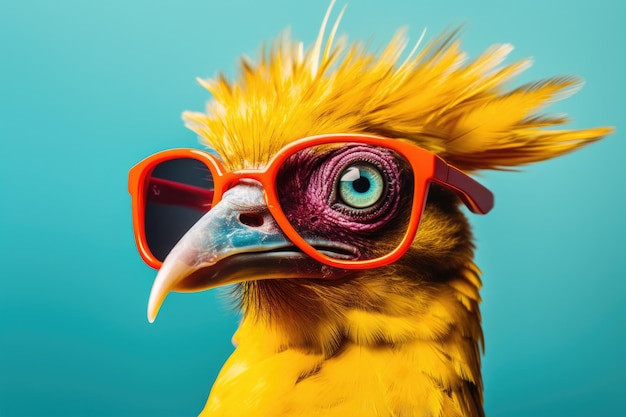 un pájaro colorido y emocionado usa gafas de sol elegante contra un telón de fondo azul