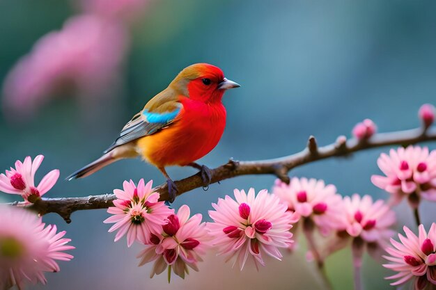 Un pájaro colorido está posado en una rama con flores rosas.