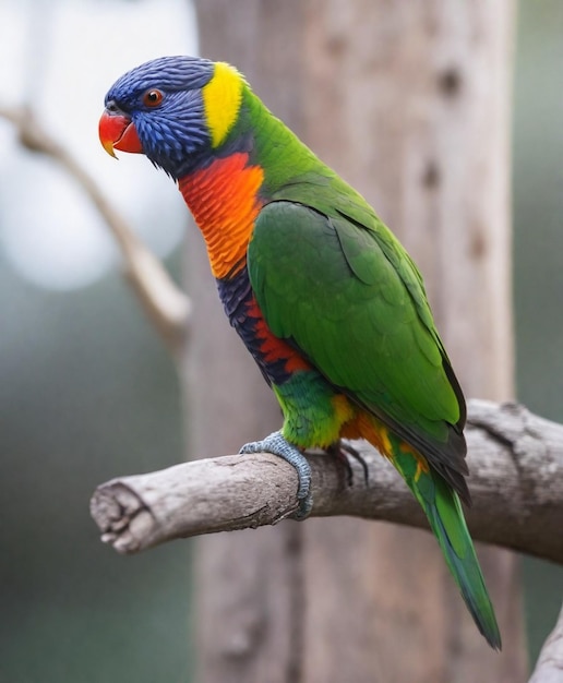 un pájaro colorido está posado en una rama con un fondo verde