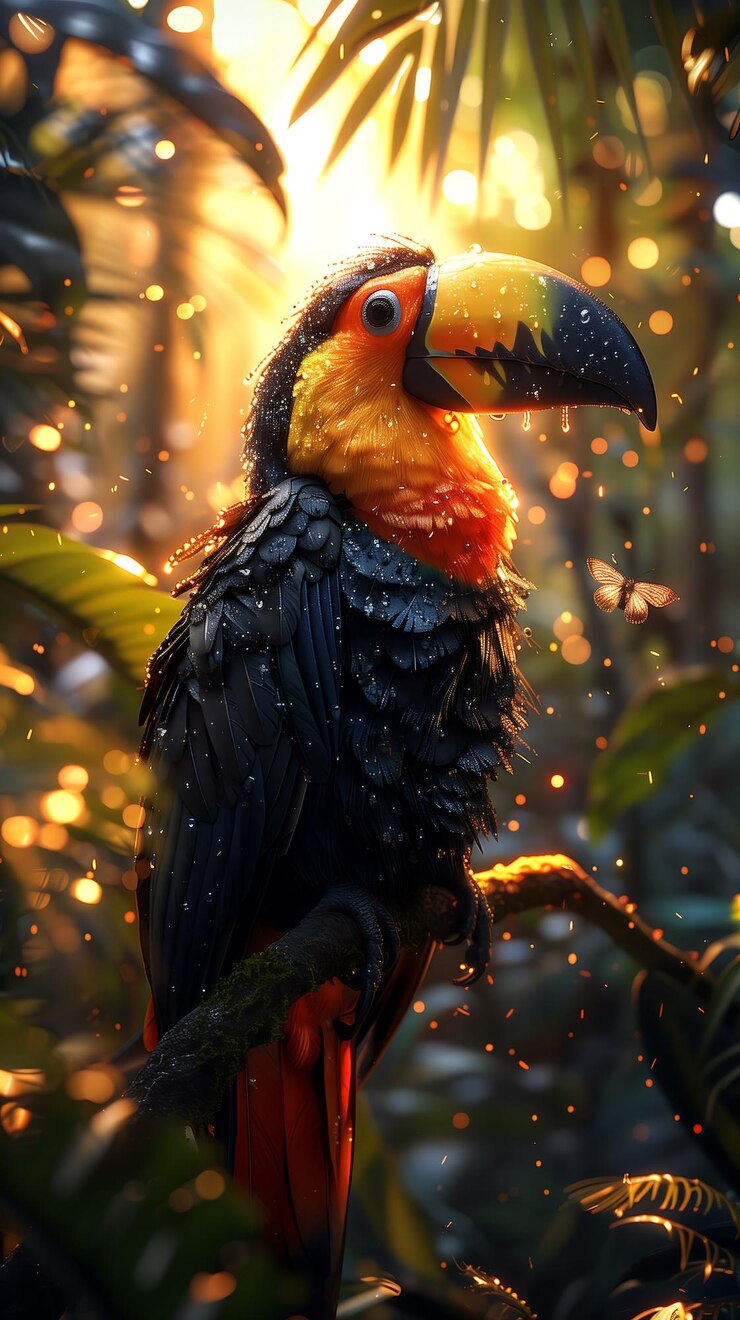 un pájaro colorido está sentado en una rama a la luz del sol
