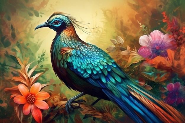 pájaro colorido en fondo de color con flores ilustración de pintura digital