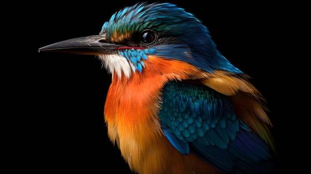 Un pájaro colorido con un fondo negro y un fondo negro.