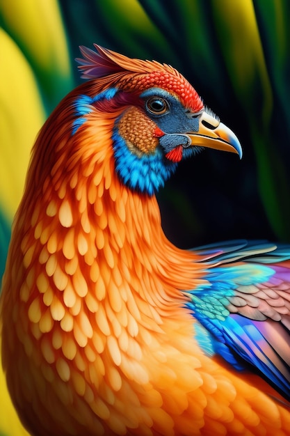 Un pájaro colorido con un fondo negro y un fondo verde.