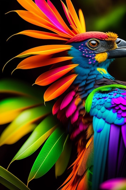 Un pájaro colorido con un fondo negro.