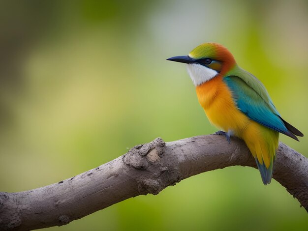 Un pájaro colorido y lindo comedor de abejas sentado en la rama de un árbol borroso