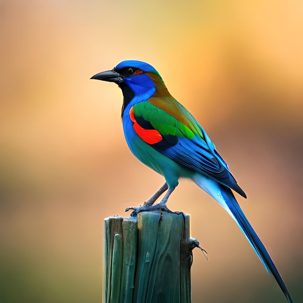 Un pájaro colorido con una mancha roja en el ala está parado en un poste.