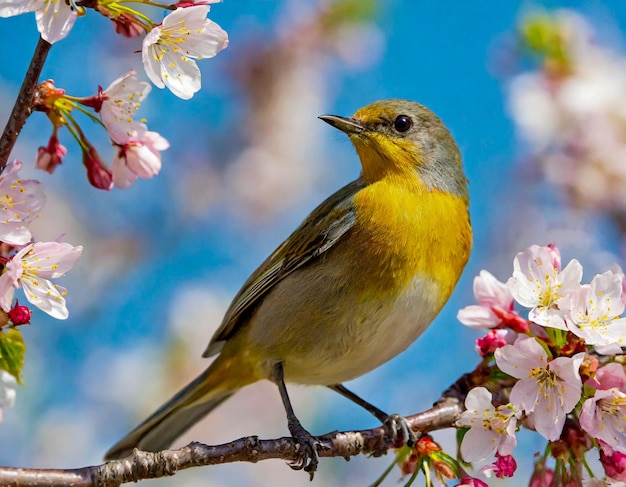 Pájaro colorido pájaro cantor en el árbol flores de cerezo amarillas