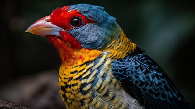 Un pájaro colorido con un pico amarillo está sentado en una rama.