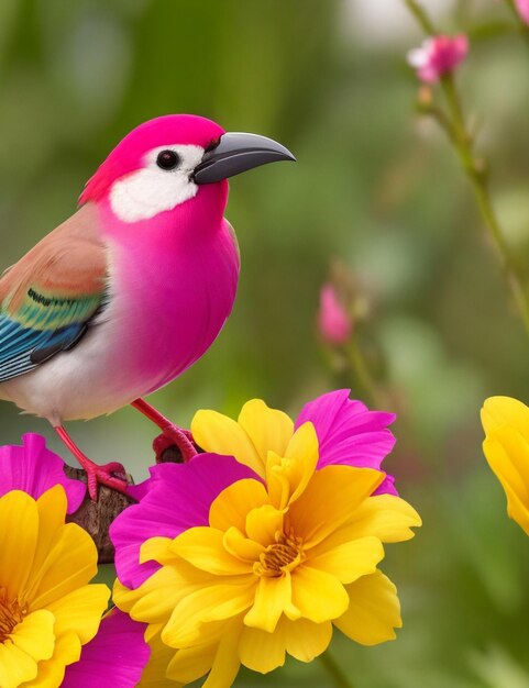 Un pájaro colorido con un pico amarillo se sienta en una flor rosa