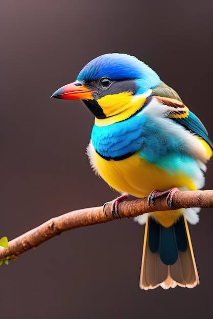 Un pájaro colorido con un pico amarillo se sienta en una rama aislada