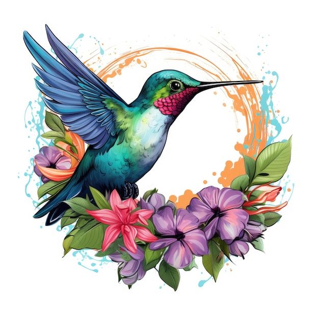 un pájaro colorido con un pico colorido está en un marco con flores y una imagen de un colibrí.