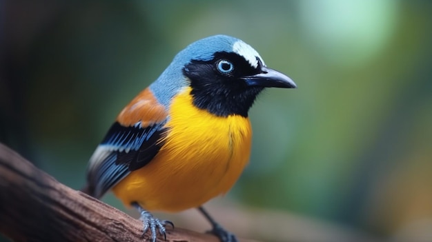 Un pájaro colorido con un pico negro y un ala azul y amarilla IA generativa