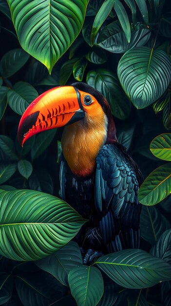 un pájaro colorido con un pico rojo y un pico negro y naranja