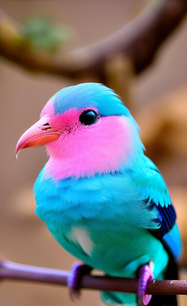 Un pájaro colorido con un pico rosa y un ojo negro.
