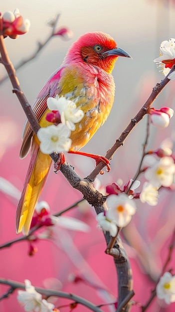 Un pájaro colorido de pie en una rama de un árbol con flores blancas en flor de colores brillantes