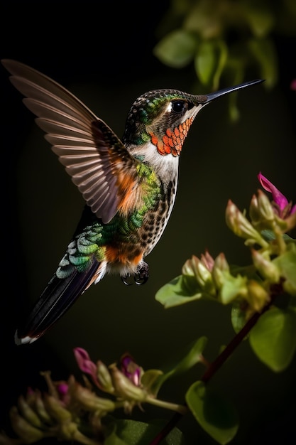 Un pájaro colorido con plumas verdes y naranjas se sienta en una rama