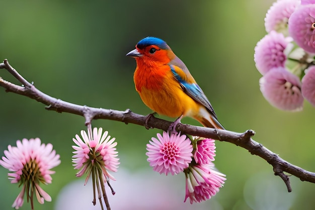 un pájaro colorido se posa en una rama con flores rosadas.