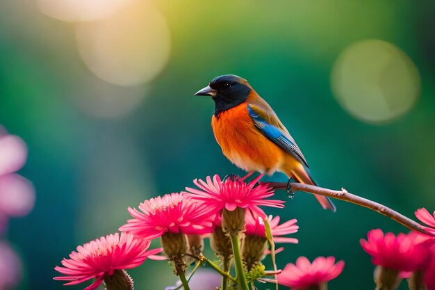 un pájaro colorido se posa sobre una flor bajo el sol