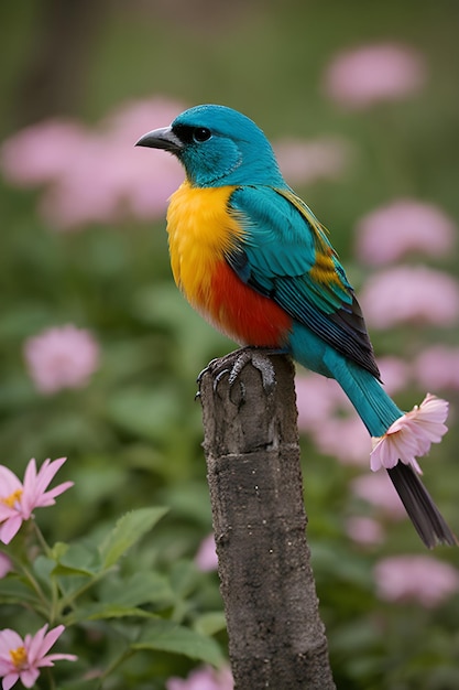 Un pájaro colorido posado en una flor