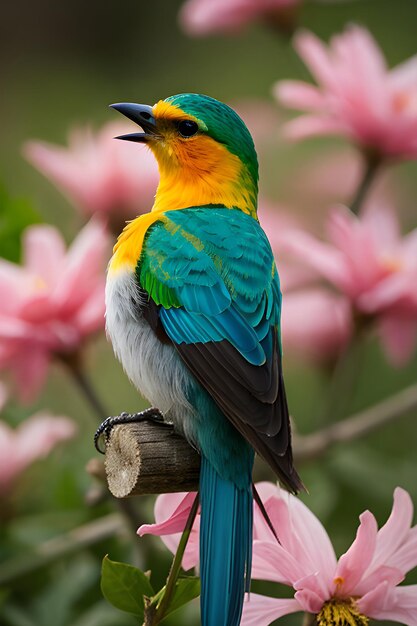 Un pájaro colorido posado en una flor