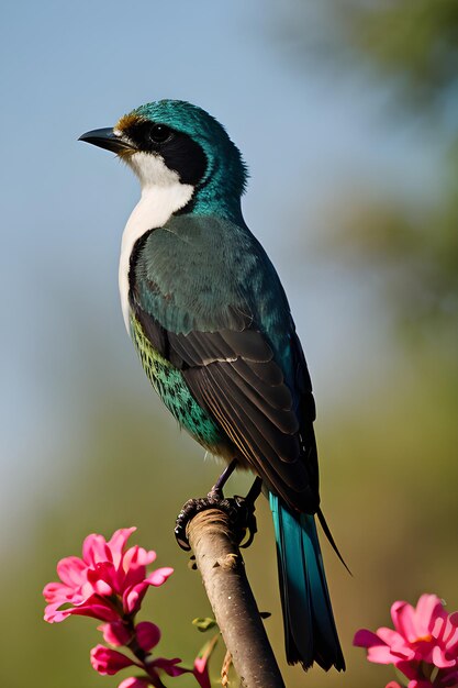 Un pájaro colorido posado en una flor