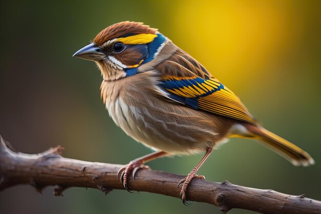 Pájaro colorido posado en una rama con fondo borroso primer plano ai generativo