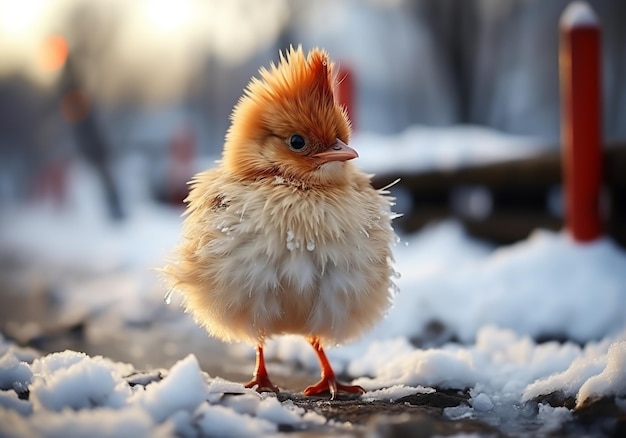 Foto un pájaro colorido posado en el suelo nevado generado por la ia