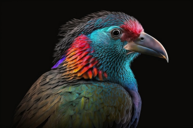 Pájaro colorido en primer plano contra el fondo negro IA generativa