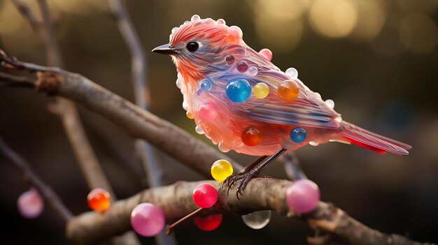Pájaro colorido en una rama con huevos de caramelo